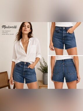 Madewell The Perfect Vintage High Rise Denim Shorts Medium Wash Raw Hem Size 30